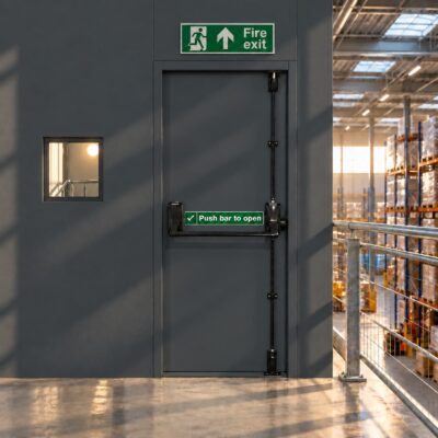 A Latham's FD30 Fire Rated Fire Exit Door in a Warehouse