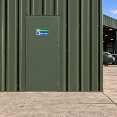 A green secured by design fire exit door in a matching green hangar