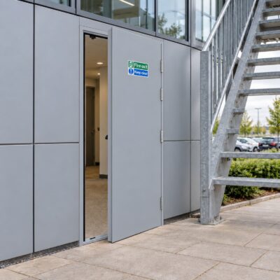 A light grey Fire Rated Fire Exit Door installed in an office building
