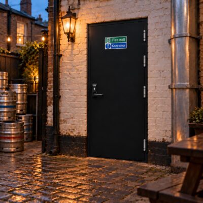A Fire Rated Fire Exit Door with OAD installed in a pub environment.