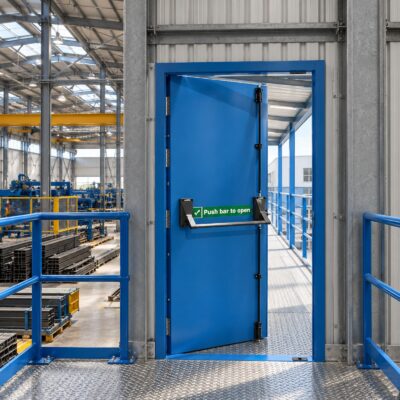 A traffic blue Fire Rated Fire Exit installed in a manufacturing facility