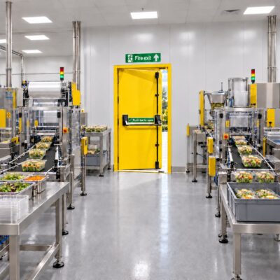 A traffic yellow Fire Rated Fire Exit door installed in a food production facility