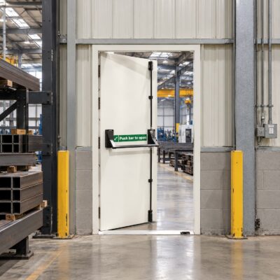 A Latham's White Fire Rated Fire Exit Door In a factory setting