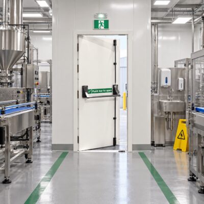 A secured by design fire exit door in a food production facility