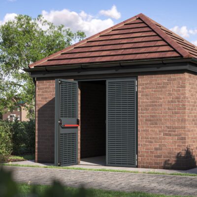 Fully louvred double fire exit door fitted in a substation