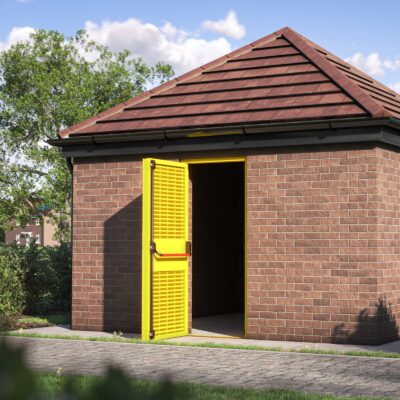 Fully louvred fire exit door fitted in a substation