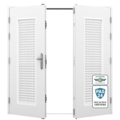 PAS 24 rated louvred steel double door