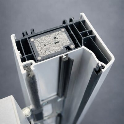 Cut through of steel reinforced uPVC frame