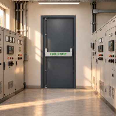 A grey PAS 24 Fire Exit Door in a server room