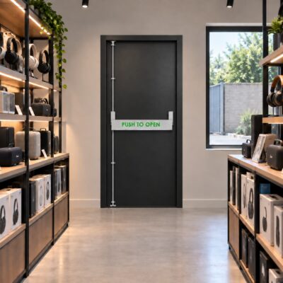 A black PAS 24 fire exit door installed in an electronics shop