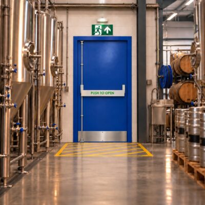 An ultramarine blue PAS 24 fire exit door in a brewery