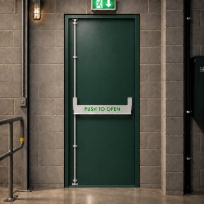 A juniper green PAS 24 fire exit door
