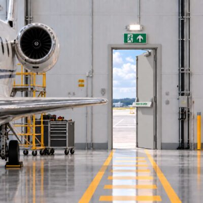 A grey PAS 24 fire exit door installed in an aircraft hanger