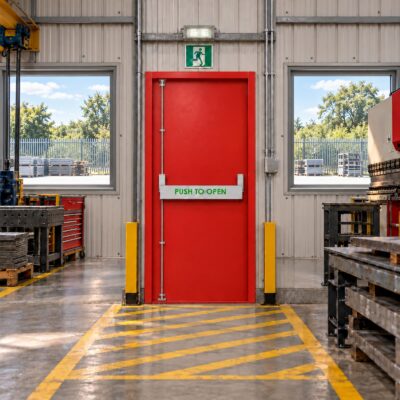 A made to measure traffic red PAS 24 fire exit door