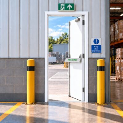 A white PAS 24 fire exit door installed in a warehouse
