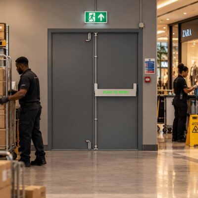 A grey PAS 24 Double Fire Exit Door in a shopping centre