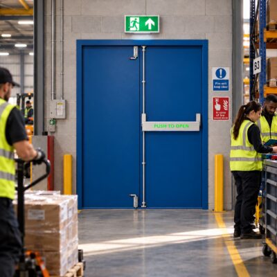 A blue PAS 24 Double Fire Exit Door in a logistics facility