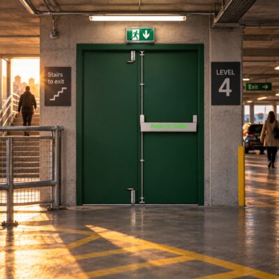 A green PAS 24 Double Fire Exit Door in a car park