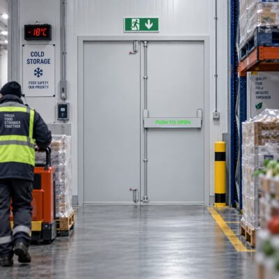 A white PAS 24 Double Fire Exit Door in a cold storage room
