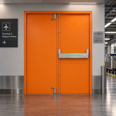 An orange PAS 24 Double Fire Exit Door in an airport