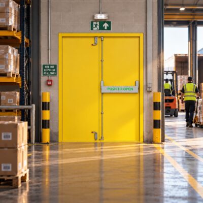 A traffic yellow PAS 24 Double Fire Exit Door