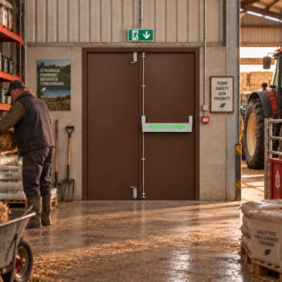 A brown PAS 24 Double Fire Exit Door in a barn