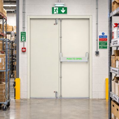 A white PAS 24 Double Fire Exit Door in a warehouse