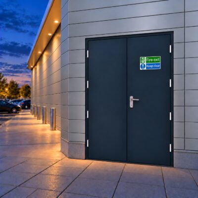 A set of grey Double Personnel Fire Exit Doors with an OAD