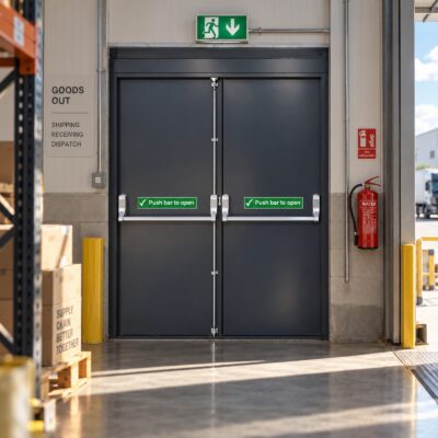 Anthracite Grey Double Personnel Fire Exit Doors In a warehouse