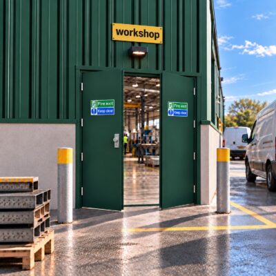 A set of green Double Personnel Fire Exit Doors with an OAD