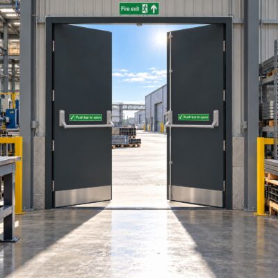 A set of grey Double Personnel Fire Exit Doors in a factory