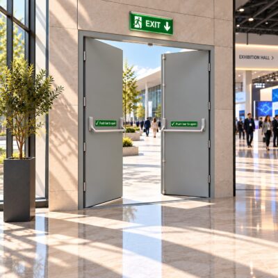 A set of Grey Double Personnel Fire Exit Doors