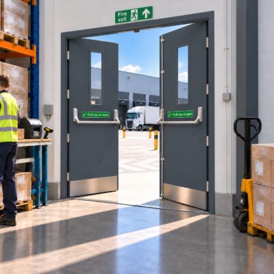 A set of Double Personnel Fire Exit Doors with kick plates