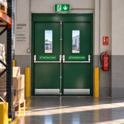 A set of green Double Personnel Fire Exit Doors with kick plates