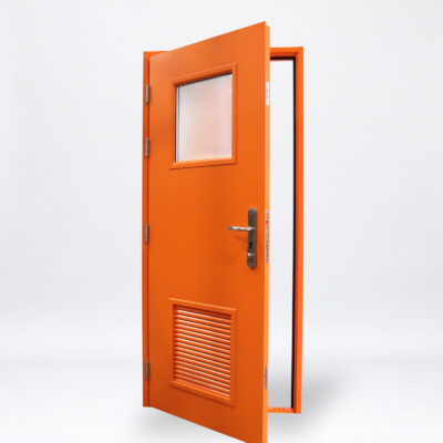 Security Glazed Louvred Steel Door | 895mm x 2020mm | Traffic Orange | LH OUT